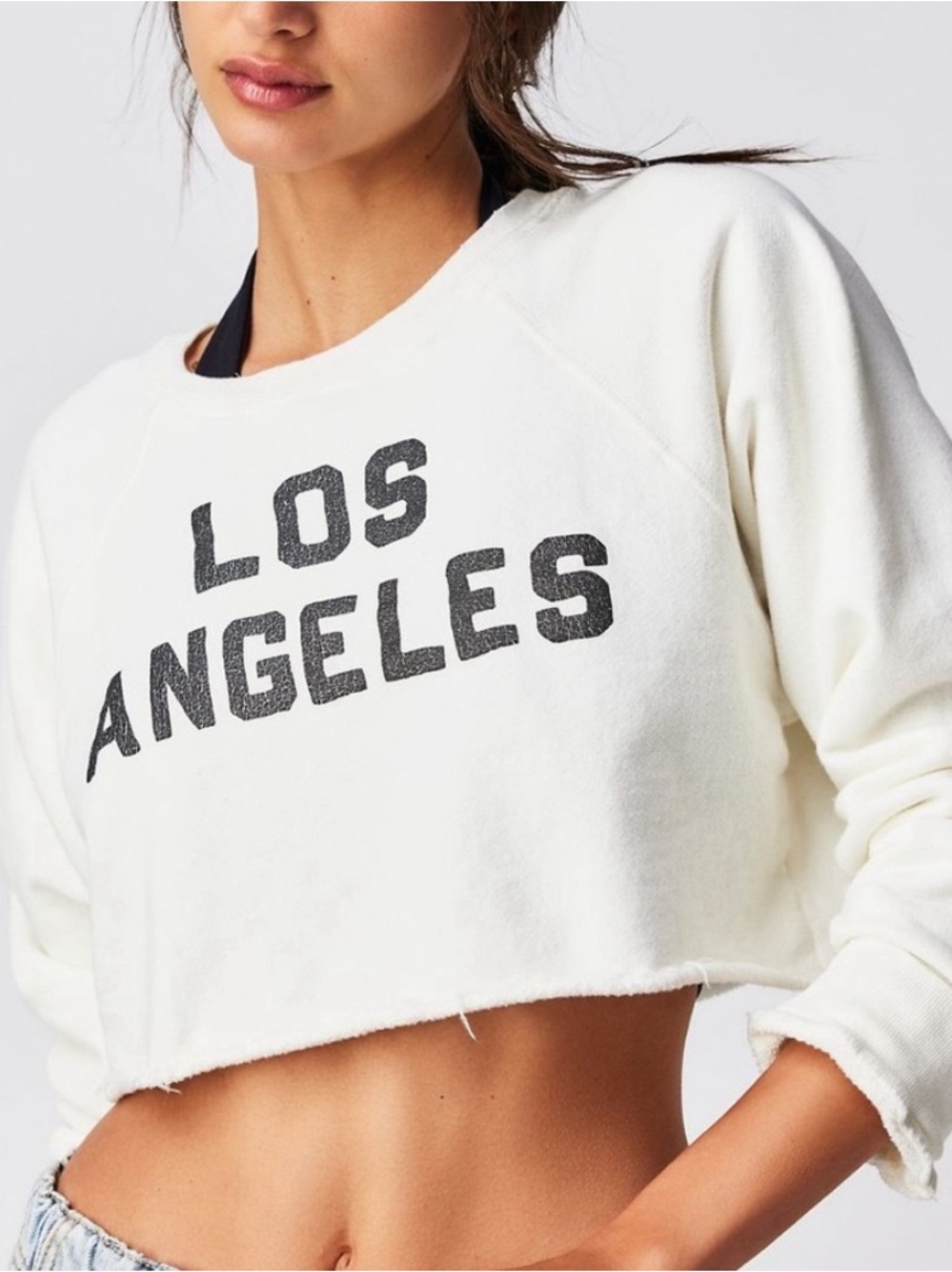 Free People Cropped 'Los Angeles' Crewneck Sweatshirt - White with Black Print